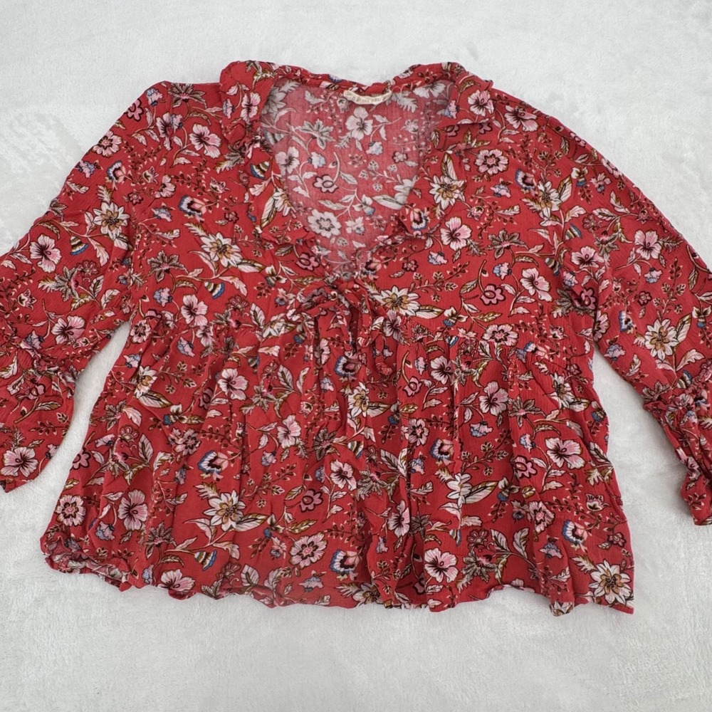 Altar'd State Red Floral Babydoll Tie Front Peplum Blouse Top, Size Small